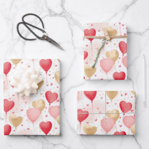 Valentine's Pink Red and Gold Heart Balloons  Wrapping Paper Sheet
