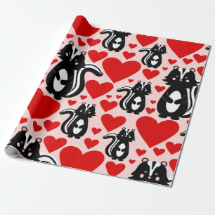 Valentine's Pink Skunk Heart Illustration Pattern Wrapping Paper