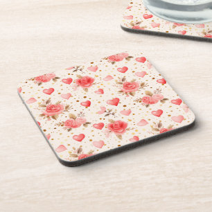 Valentine's Pink Watercolor Roses and Hearts Coaster