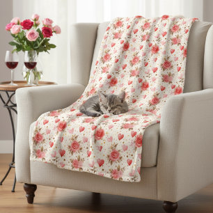 Valentine's Pink Watercolor Roses and Hearts Fleece Blanket