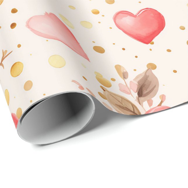 Valentine's Pink Watercolor Roses and Hearts  Wrapping Paper (Roll Corner)