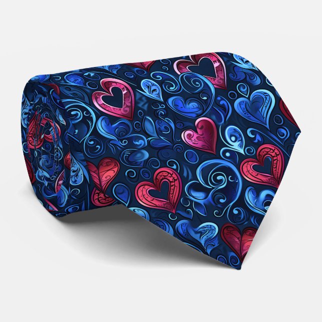 Valentine's Pretty Blue and Red Hearts Tie (Rolled)
