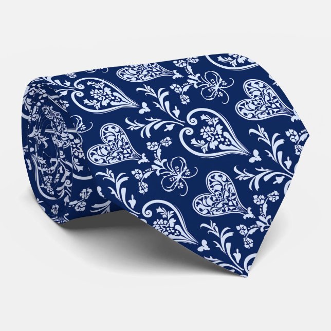 Valentine's Pretty Navy WhiteHand Drawn Hearts Tie (Rolled)
