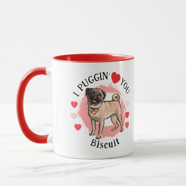 Valentines Pug love pink red hearts  Mug (Left)