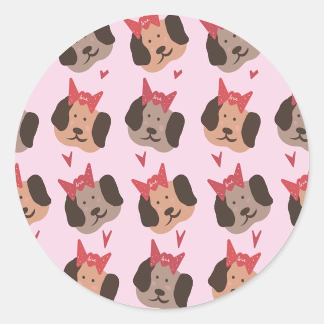 Valentines Puppies with Bows Heart Pattern  Classic Round Sticker (Front)