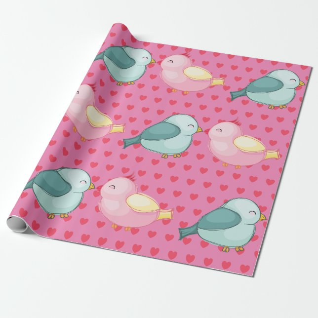 Valentines Red Heart on Pink with Cute Love Birds Wrapping Paper (Unrolled)