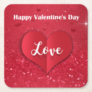Valentines Red Paper Heart Glitter - Paper Coaster