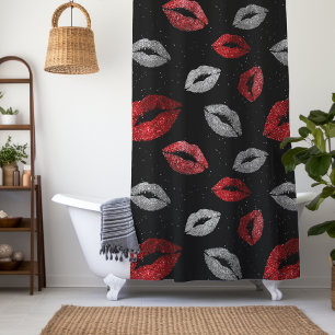 Valentines Red Silver Glitter Lips on Black 