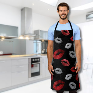 Valentines Red Silver Glitter Lips on Black  Apron