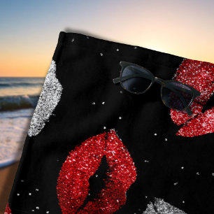 Valentines Red Silver Glitter Lips on Black Beach Towel