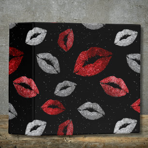 Valentines Red Silver Glitter Lips on Black Binder