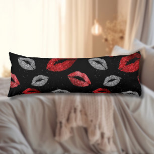 Valentines Red Silver Glitter Lips on Black  Body Pillow