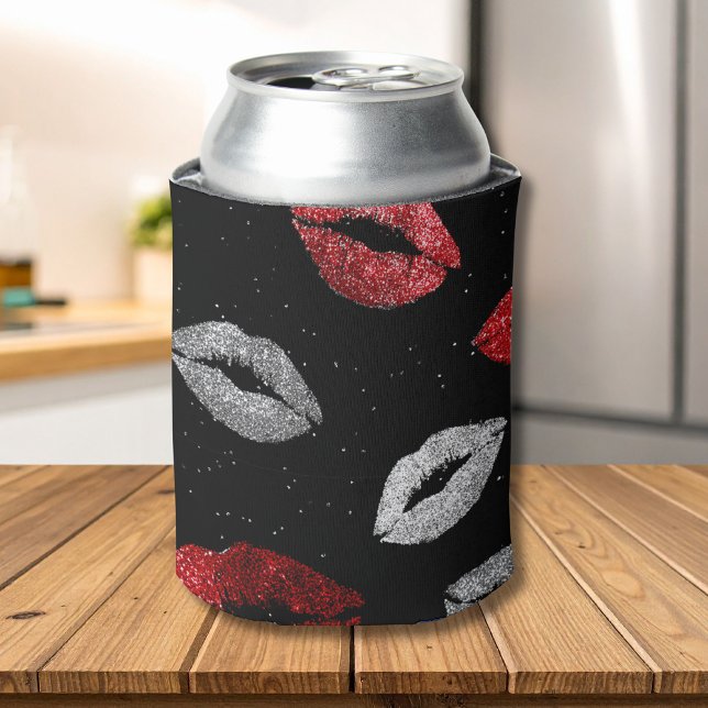 Valentines Red Silver Glitter Lips on Black  Can Cooler (Creator Uploaded)