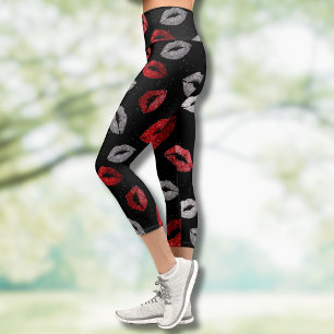 Valentines Red Silver Glitter Lips on Black Capri Leggings