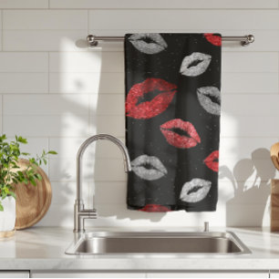 Valentines Red Silver Glitter Lips on Black Kitchen Towel