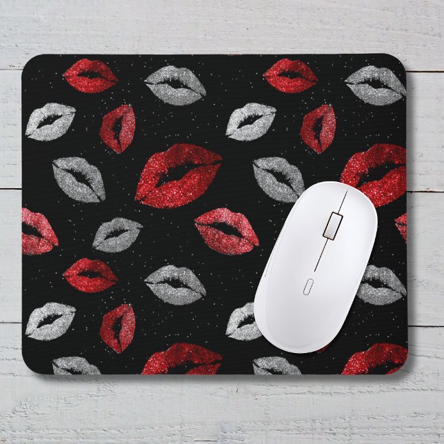 Valentines Red Silver Glitter Lips on Black  Mouse Pad (Creator Uploaded)