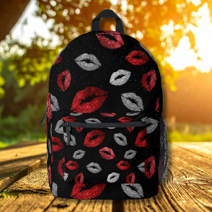 Valentines Red Silver Glitter Lips on Black  Printed Backpack