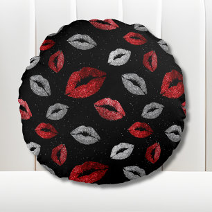 Valentines Red Silver Glitter Lips on Black  Round Pillow