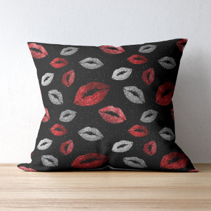 Valentines Red Silver Glitter Lips on Black  Throw Pillow