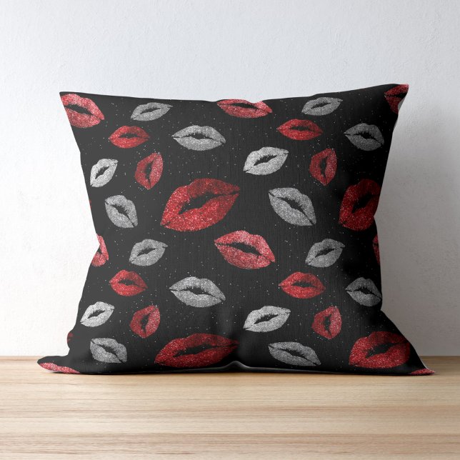 Valentines Red Silver Glitter Lips on Black  Throw Pillow (Creator Uploaded)
