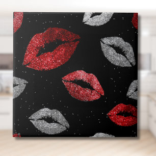Valentines Red Silver Glitter Lips on Black  Tile