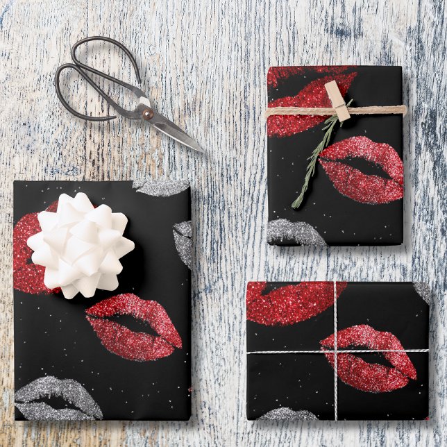 Valentines Red Silver Glitter Lips on Black  Wrapping Paper Sheet (Creator Uploaded)
