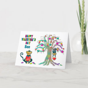 Valentine's Son Kids Monkey and Heart Tree Fun Ca Card