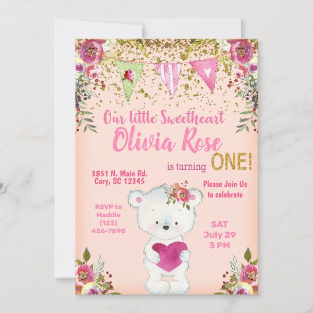 Valentines teddy bear 1st first birthday invite. invitation (Front)