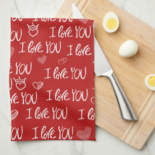 Valentine's theme Red White I love You Pattern Kitchen Towel