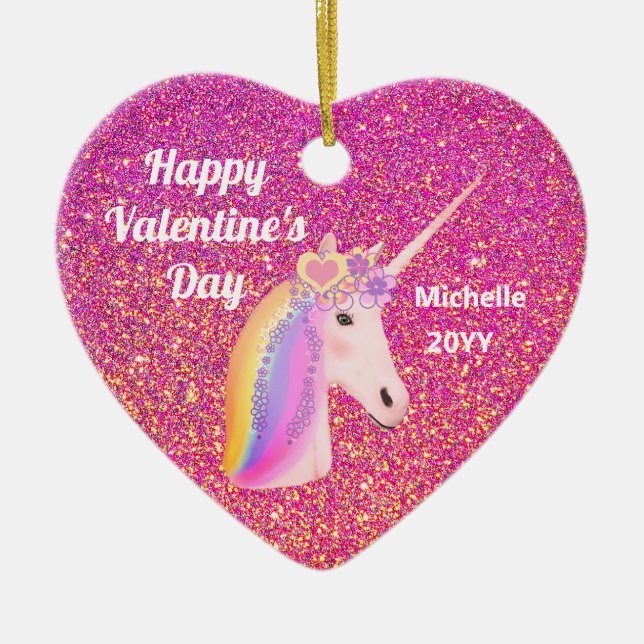 Valentines Unicorn Pink Glitter Personalized Ceramic Ornament (Front)