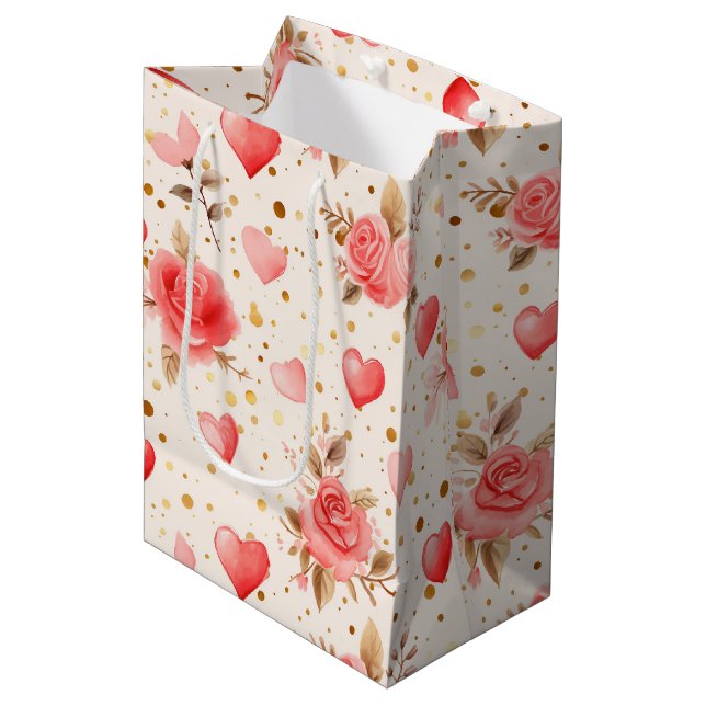 Valentine's Watercolor Roses, Hearts Wine, Small, Medium Gift Bag (Front Angled)