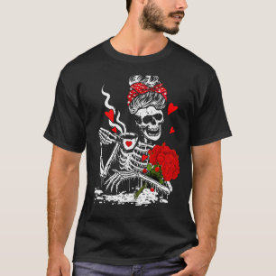 Valentines Woman Skeleton Rose Messy Bun Coffee Wo T-Shirt