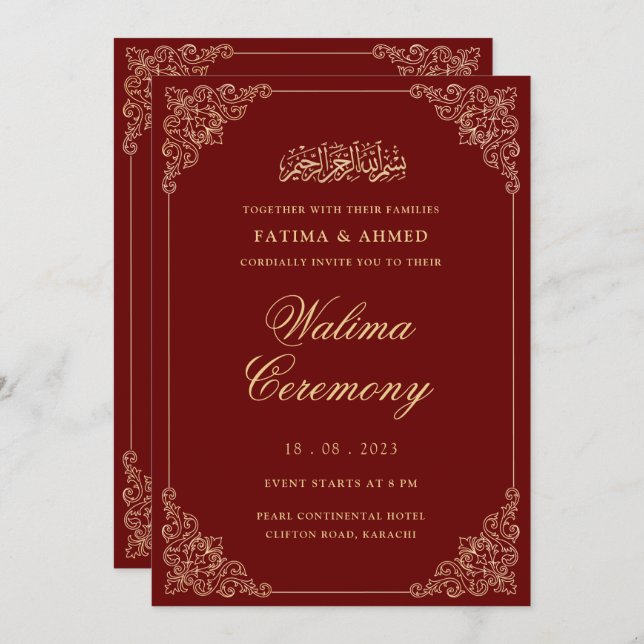 Valima Red Gold Islamic Muslim Wedding Invitation (Front/Back)