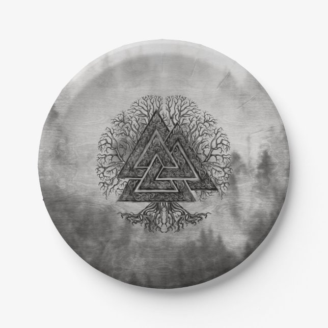 Valknut and Tree of Life Yggdrasil Paper Plate (Front)