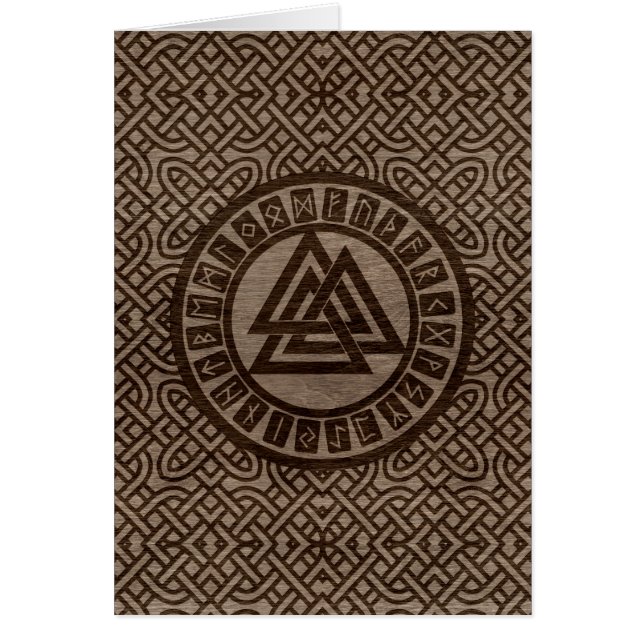 Valknut Symbol and Runes on Celtic Pattern on Wood (Front)