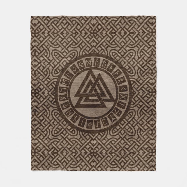 Valknut Symbol and Runes on Celtic Pattern on Wood Fleece Blanket (Front)