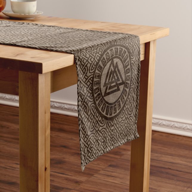 Valknut Symbol and Runes on Celtic Pattern on Wood Short Table Runner (In Situ)
