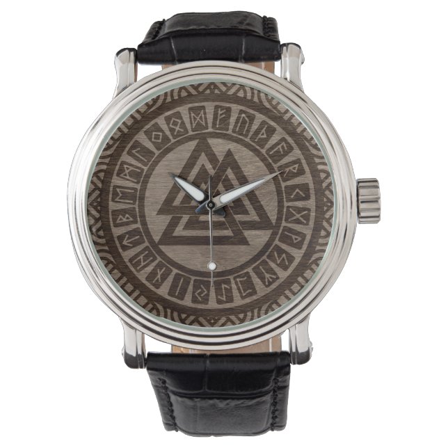 Valknut Symbol and Runes on Celtic Pattern on Wood Watch (Front)