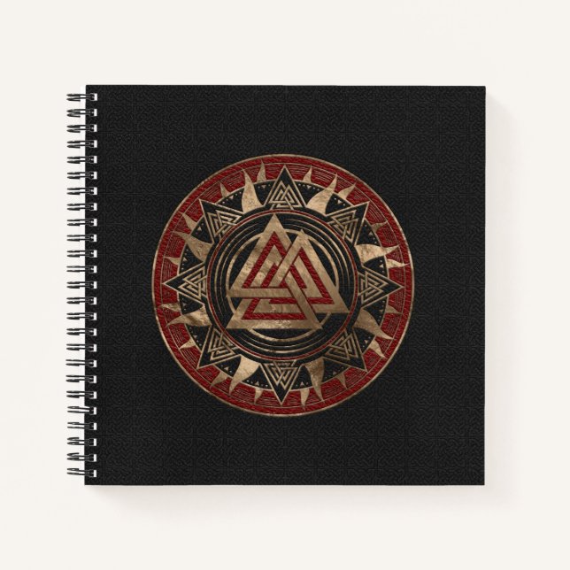 Valknut Symbol Black and Red Leather and gold Notebook (Front)