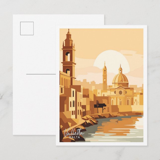 Valletta Malta Art Travel Vintage illustration Postcard (Front/Back)