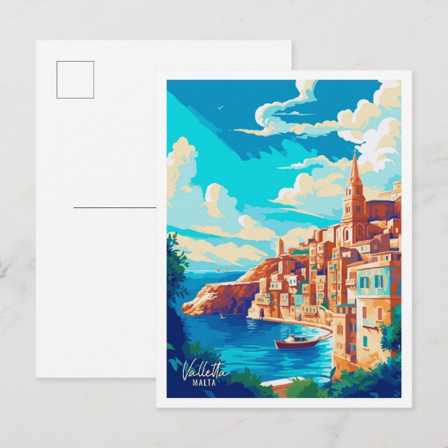 Valletta Malta Art Vintage Travel Illustration Postcard (Front/Back)