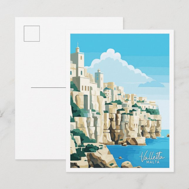Valletta Malta Travel Vintage illustration Postcard (Front/Back)