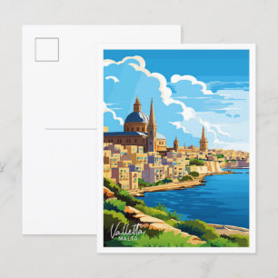 Valletta Malta Travel Vintage illustration Postcard