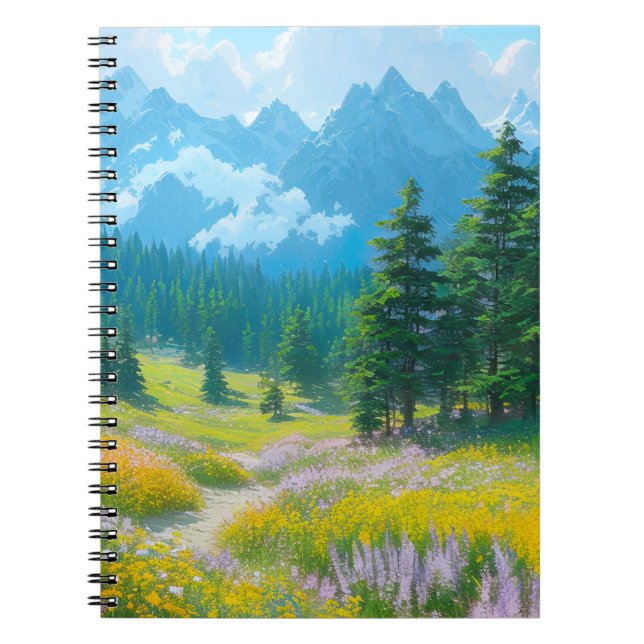 Valley Blooming with Flowers and Pine Trees Notebook (Front)