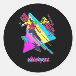 Valmorel colourful retro skiing adventure design classic round sticker