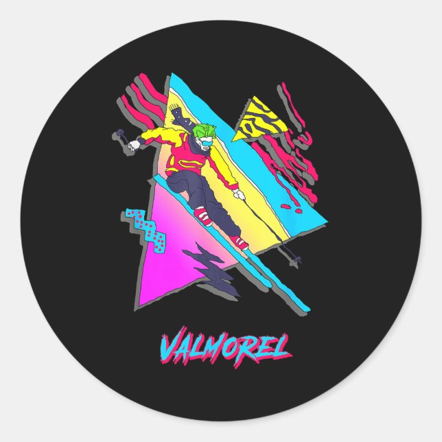 Valmorel colourful retro skiing adventure design  classic round sticker (Front)