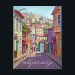 Valparaiso Chile Postcard Watercolor<br><div class="desc">Valparaiso, a port city on Chile's central coast, is known for its colourful houses clinging to steep hillsides. The city's architecture is a mix of European and South American influences, with many buildings painted in bright, pastel colours. Valparaiso is also home to a number of funicular railways, which are used...</div>