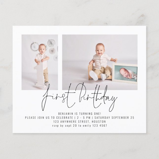 Value Modern 2 Photo Script First Birthday Party Flyer (Front)