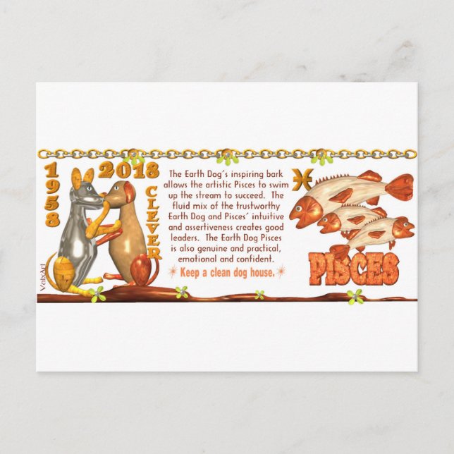 ValxArt Zodiac Earth Dog Pisces born 1958 2018 Postcard (Front)