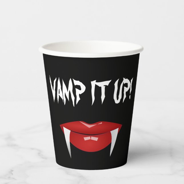"VAMP IT UP!" Vampire Fangs Halloween Paper Cups (Front)